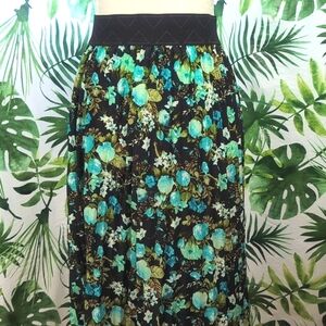 Lularoe Green & Turquoise Floral Pleated Midi Skirt (Size: Medium)